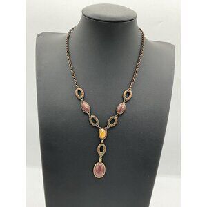 Vintage Bronze & Stone Pendant Necklace With Chain Lobster Clasp
